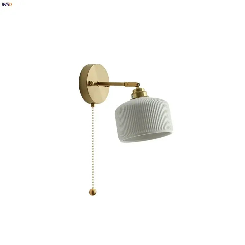 White ribbed ceramic led wall sconce bedroom pull chain light