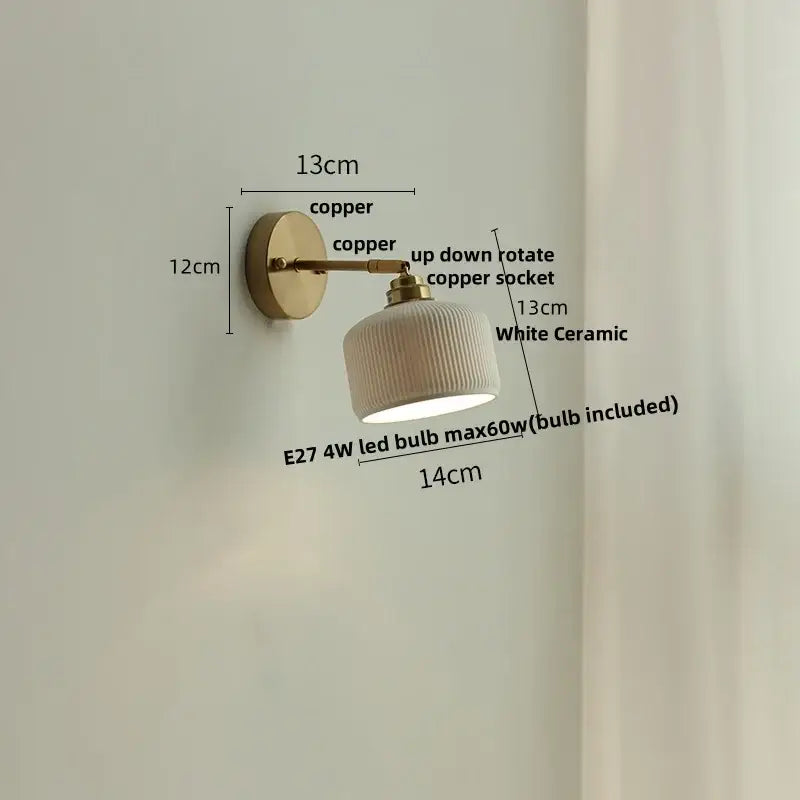 White ribbed ceramic led wall sconce bedroom pull chain light