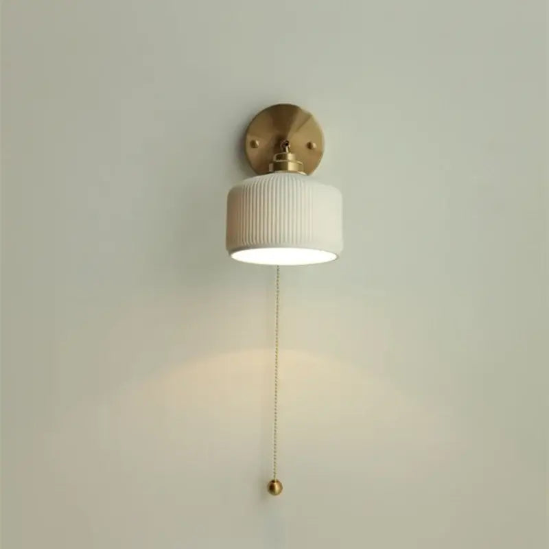 White ribbed ceramic led wall sconce bedroom pull chain light