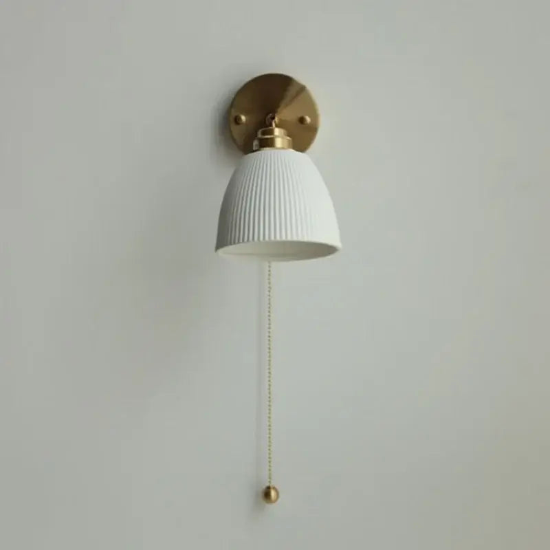 White ribbed ceramic led wall sconce bedroom pull chain light