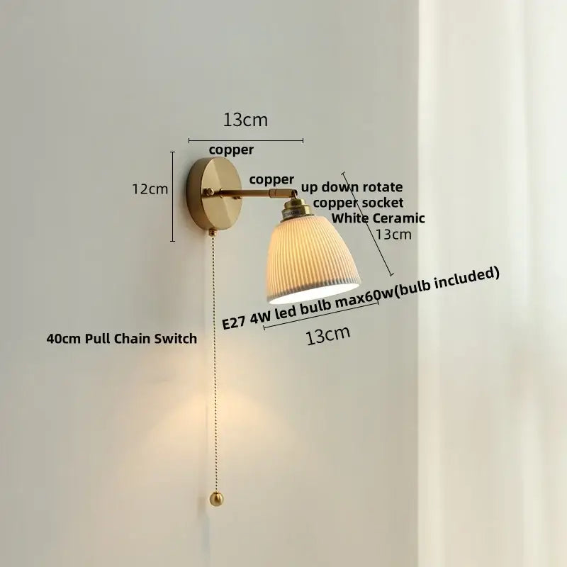 White ribbed ceramic led wall sconce bedroom pull chain light