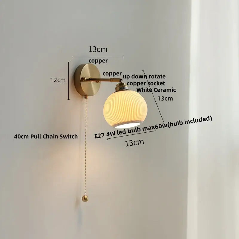 White ribbed ceramic led wall sconce bedroom pull chain light