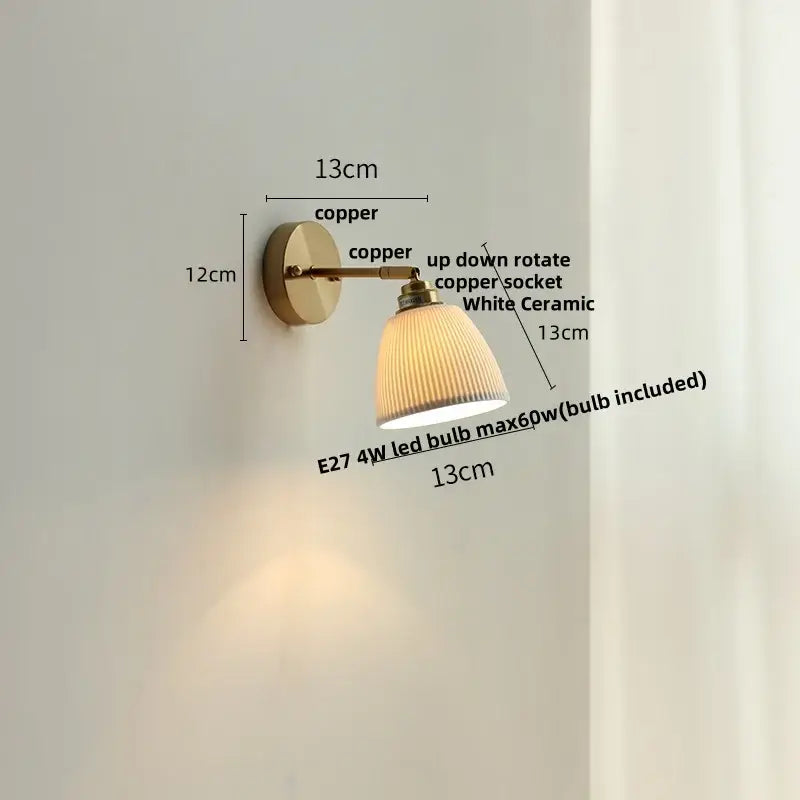 White ribbed ceramic led wall sconce bedroom pull chain light