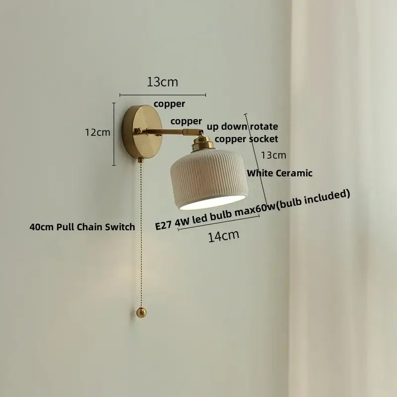 White ribbed ceramic led wall sconce bedroom pull chain light