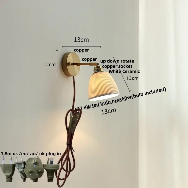 White ribbed ceramic led wall sconce bedroom pull chain light