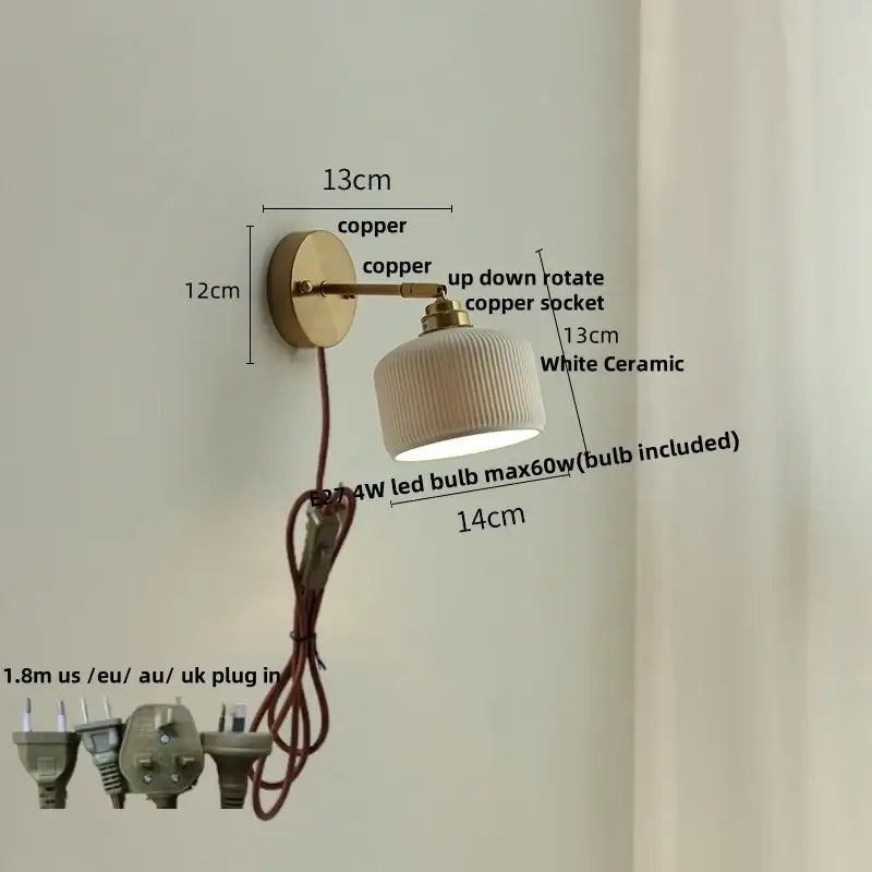 White ribbed ceramic led wall sconce bedroom pull chain light