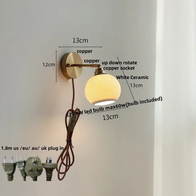 White ribbed ceramic led wall sconce bedroom pull chain light