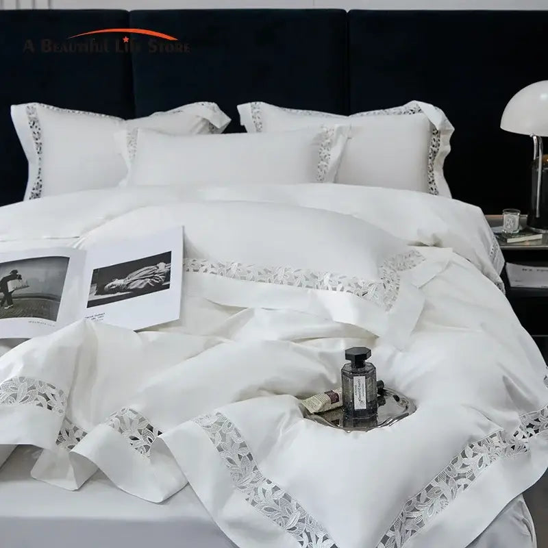 White satin lace 1200tc egyptian cotton bedding set bedroom
