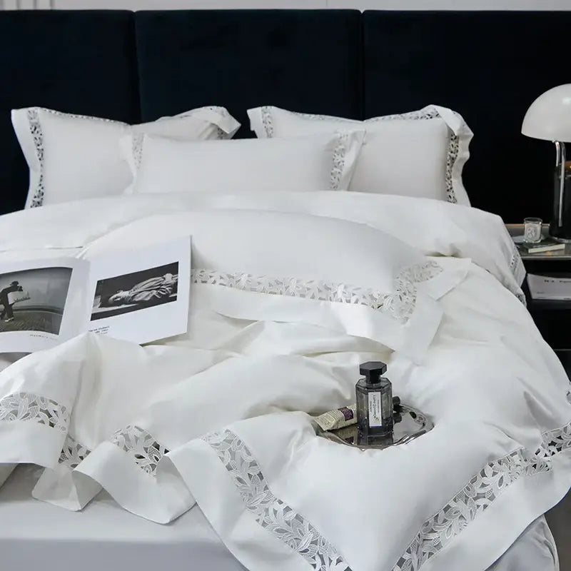 White satin lace 1200tc egyptian cotton bedding set bedroom
