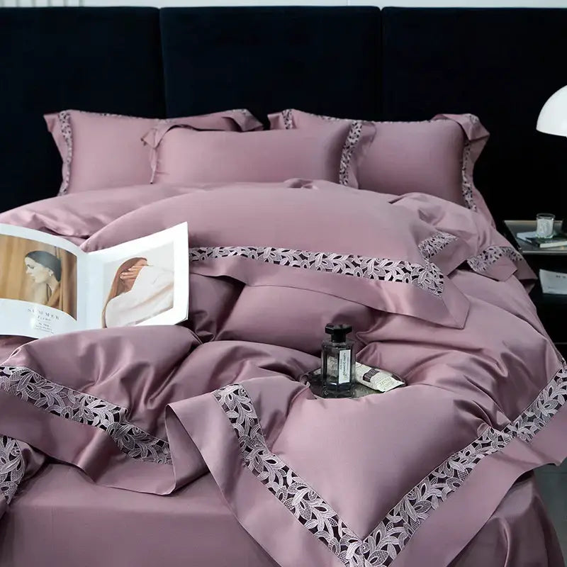 White satin lace 1200tc egyptian cotton bedding set bedroom