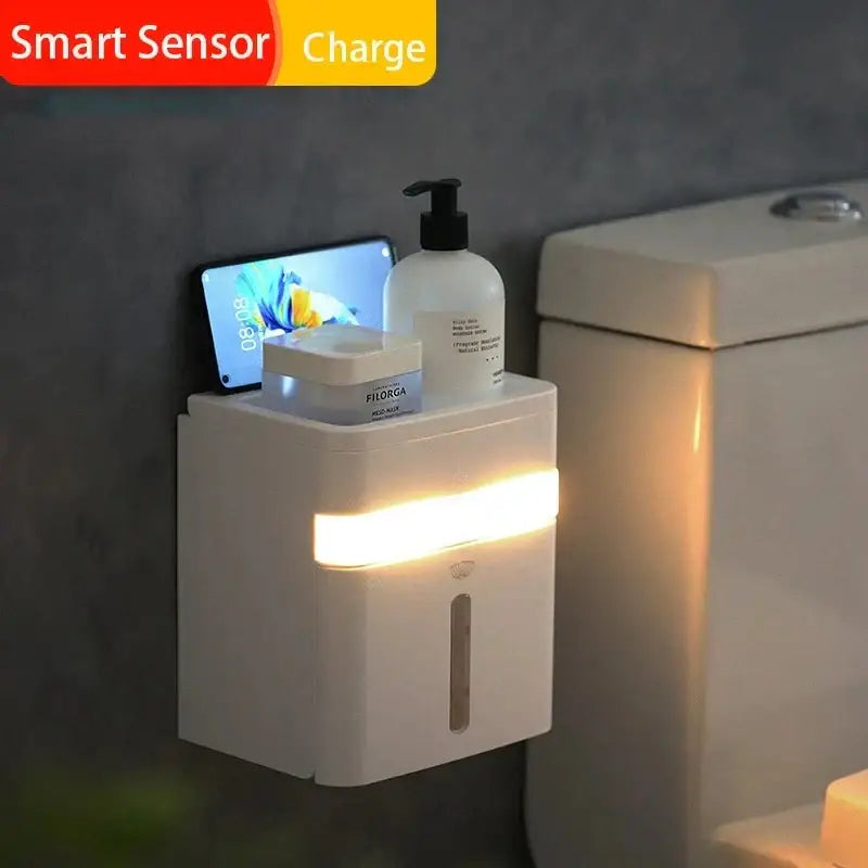 White smart sensor toilet paper holder with induction light bathroom