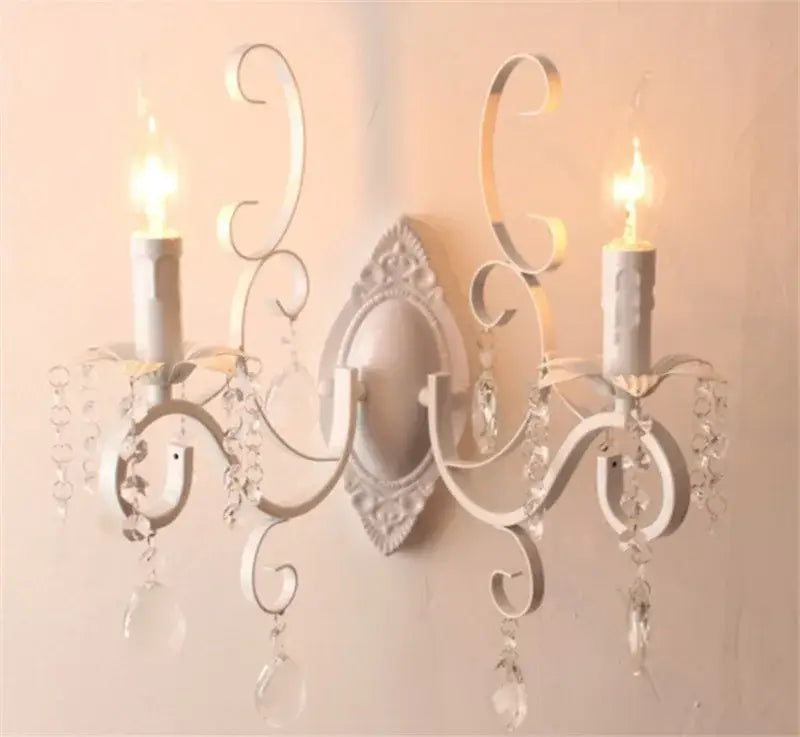 White wrought iron crystal deco loft wall lamp bedroom sconce