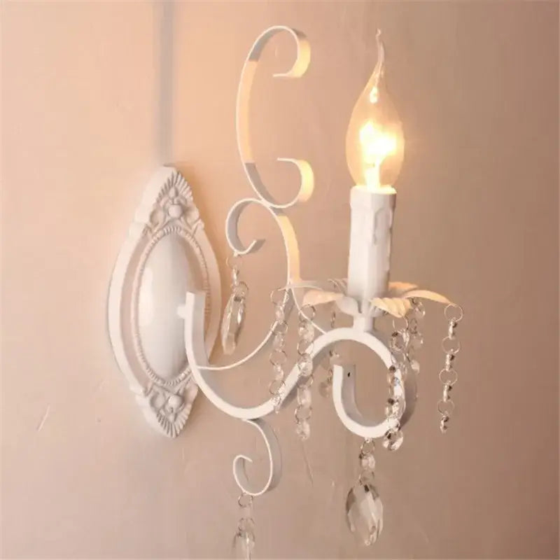 White wrought iron crystal deco loft wall lamp bedroom sconce