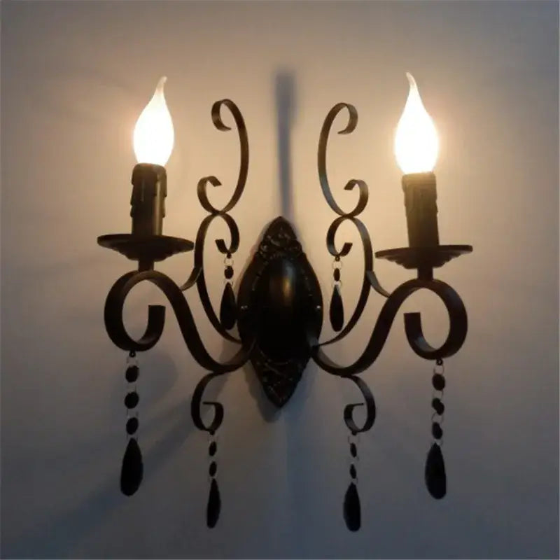 White wrought iron crystal deco loft wall lamp bedroom sconce