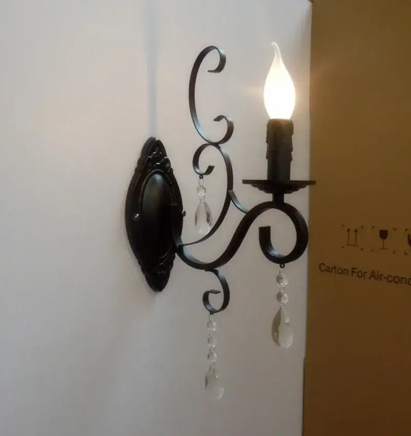 White wrought iron crystal deco loft wall lamp bedroom sconce