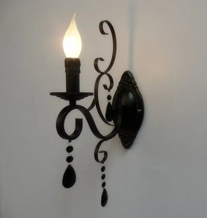 White wrought iron crystal deco loft wall lamp bedroom sconce