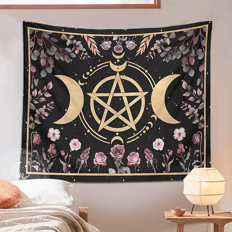Witchy black and gold botanical floral moon tapestry living room decor