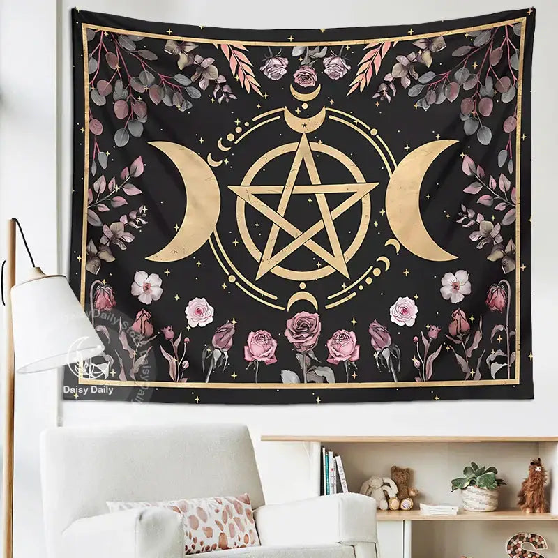 Witchy black and gold botanical floral moon tapestry living room decor