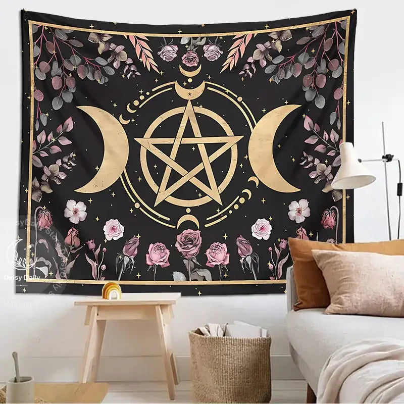 Witchy black and gold botanical floral moon tapestry living room decor