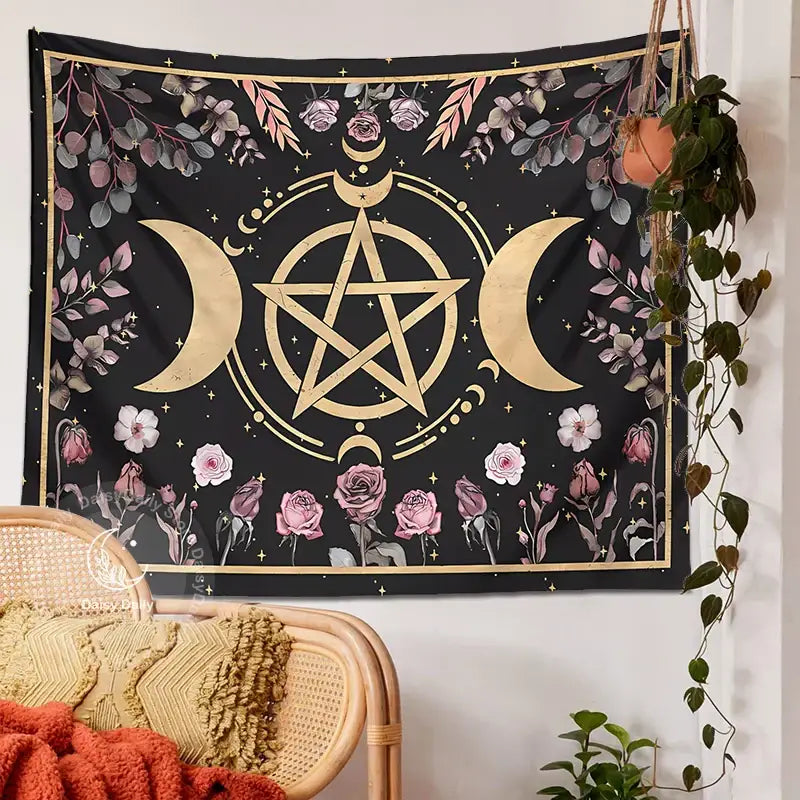 Witchy black and gold botanical floral moon tapestry living room decor