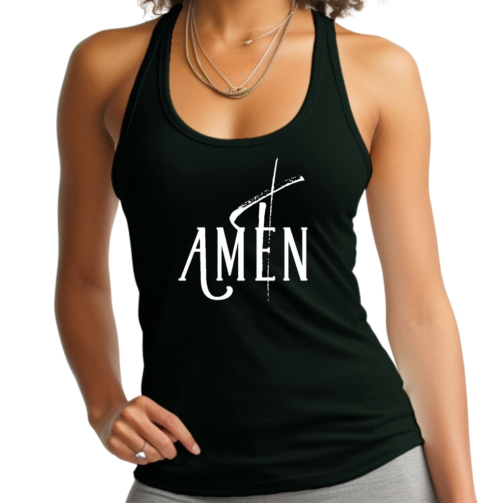 Womens Fitness Tank Top Graphic T-shirt Amen White Print