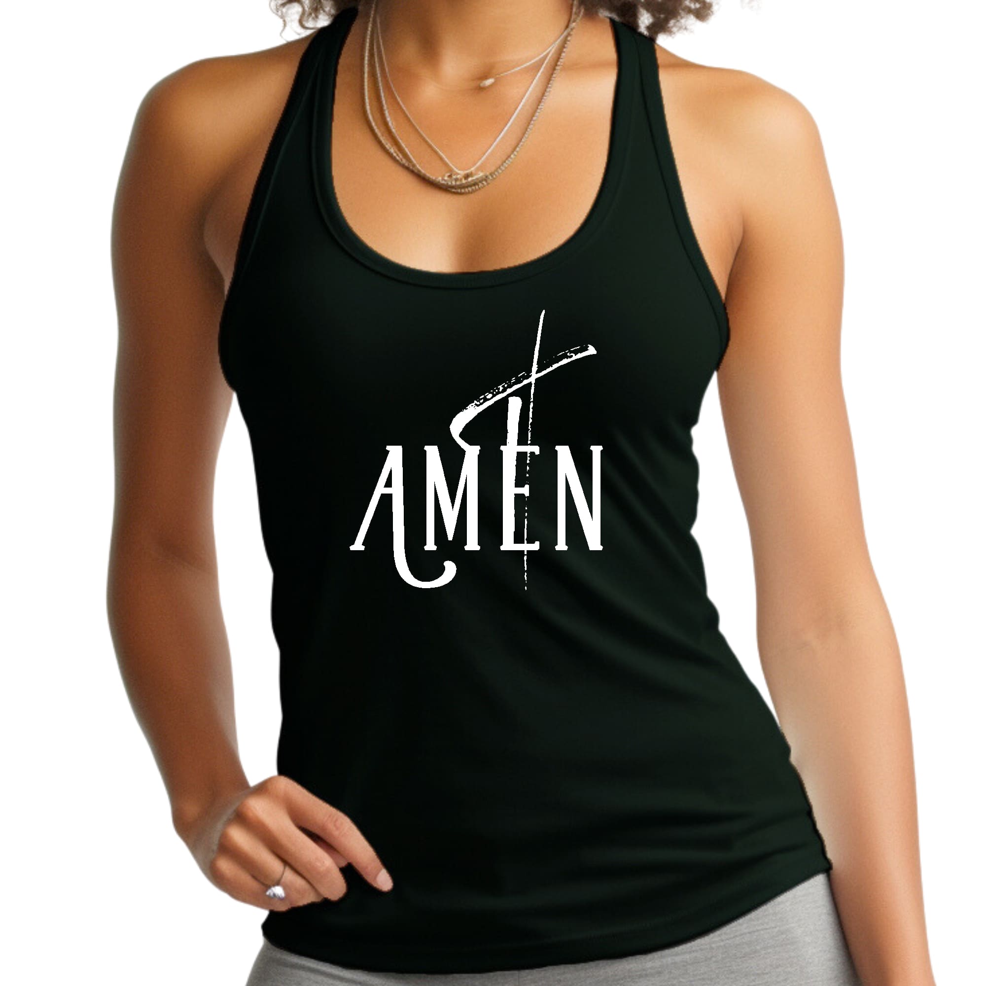 Womens Fitness Tank Top Graphic T-shirt Amen White Print