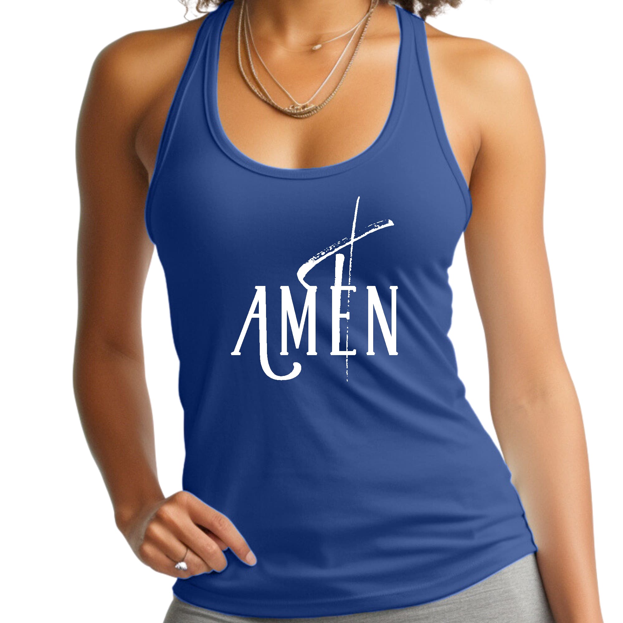 Womens Fitness Tank Top Graphic T-shirt Amen White Print