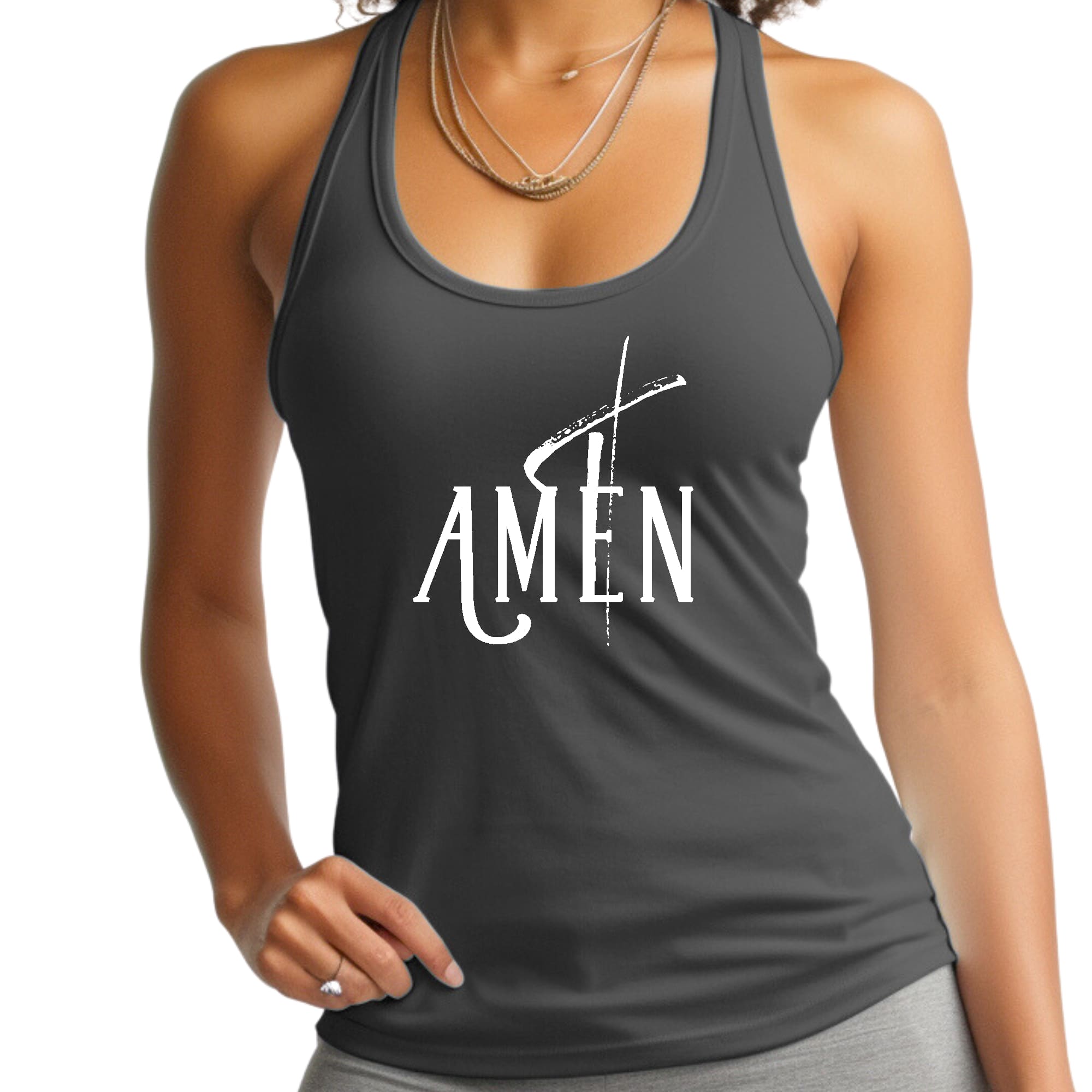 Womens Fitness Tank Top Graphic T-shirt Amen White Print