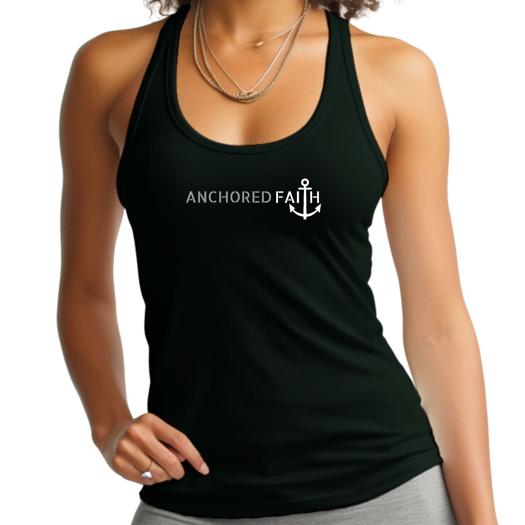 Womens Fitness Tank Top Graphic T-shirt Anchored Faith Grey and White