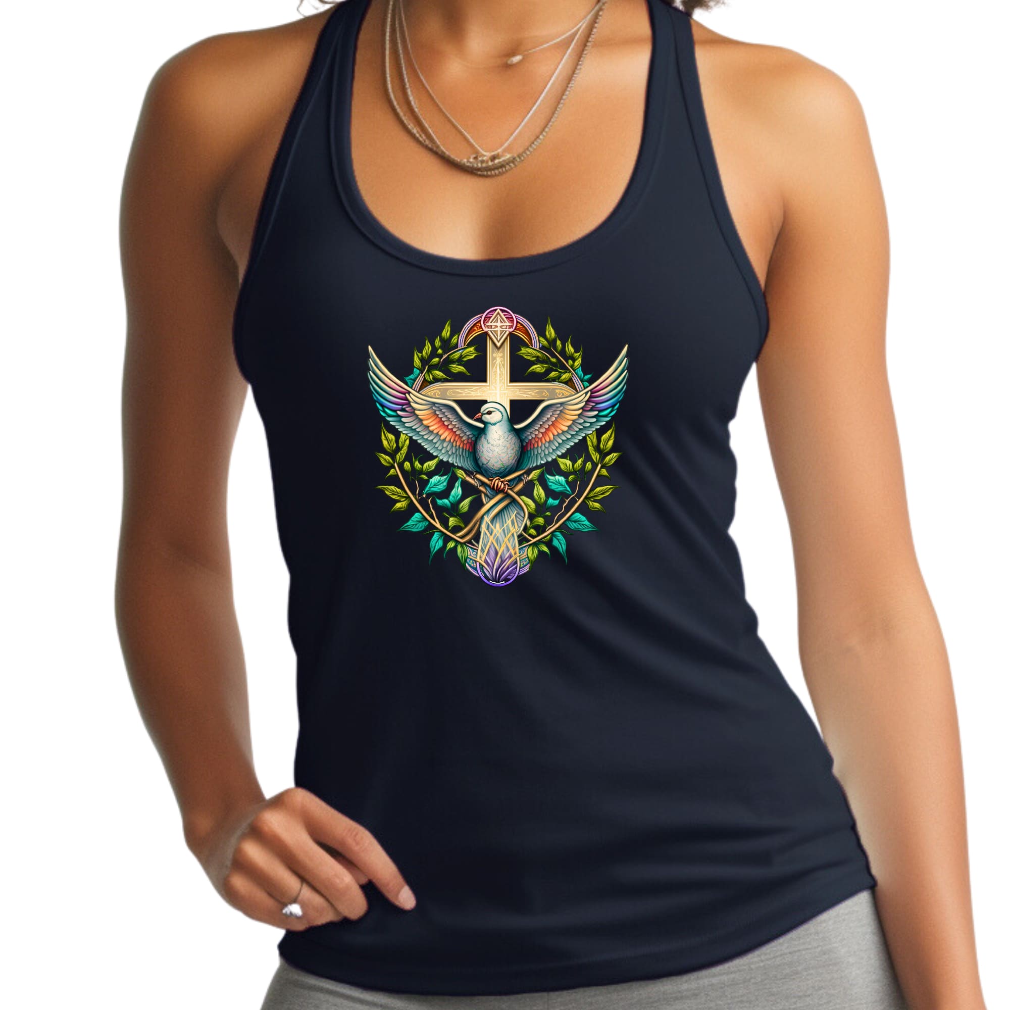 Womens Fitness Tank Top Graphic T-shirt - Blue Green Multicolor Dove