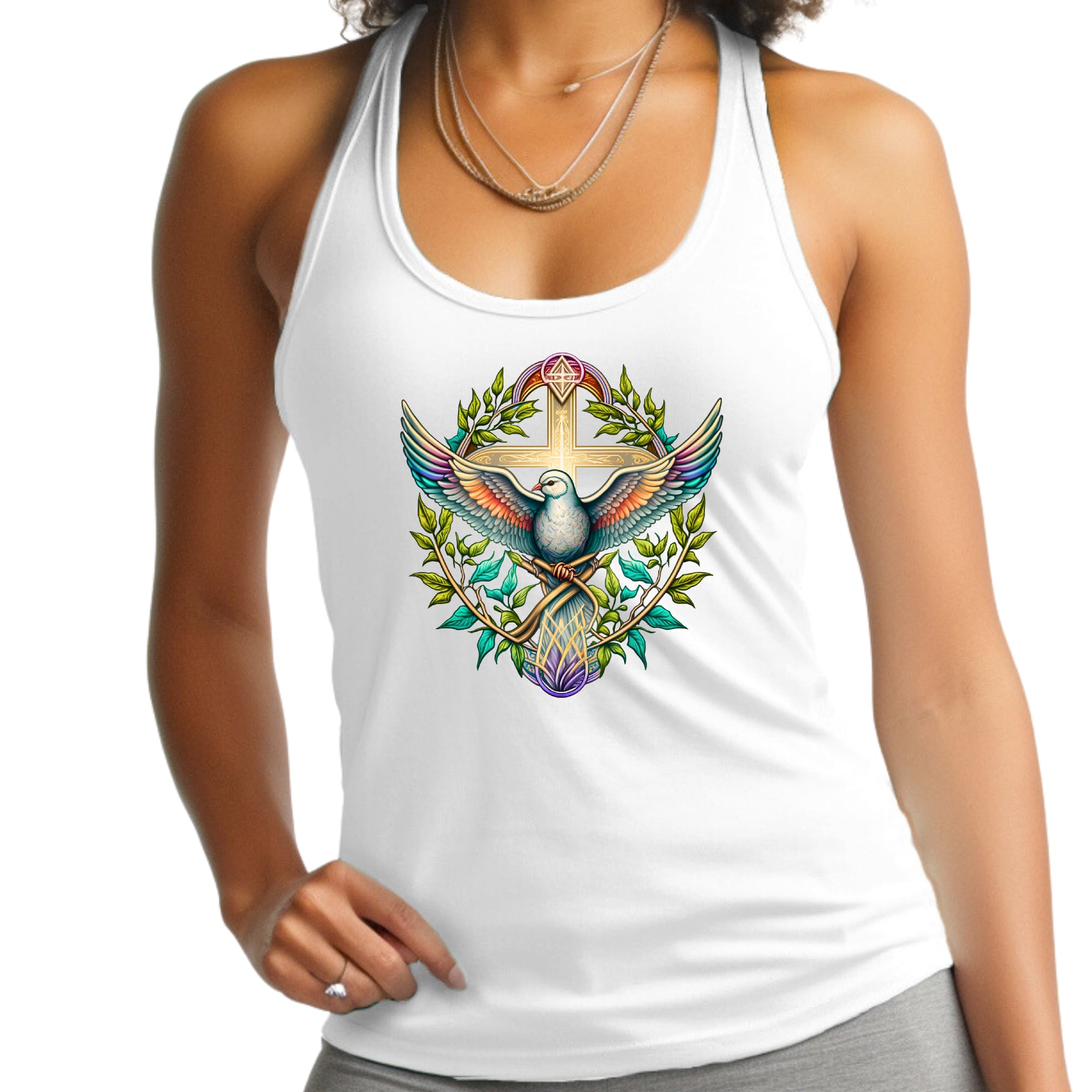 Womens Fitness Tank Top Graphic T-shirt - Blue Green Multicolor Dove