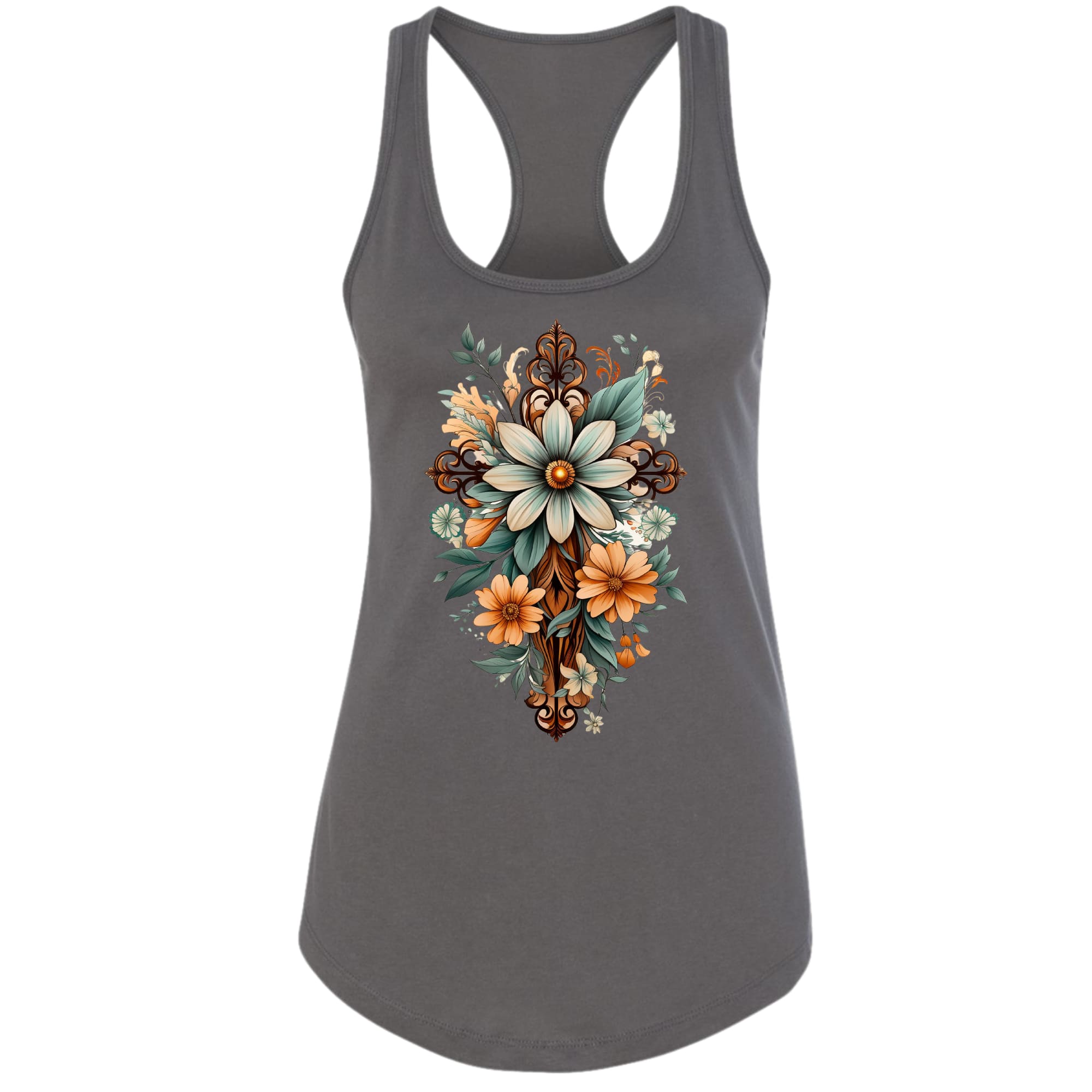 Womens Fitness Tank Top Graphic T-shirt - Christian Cross Floral