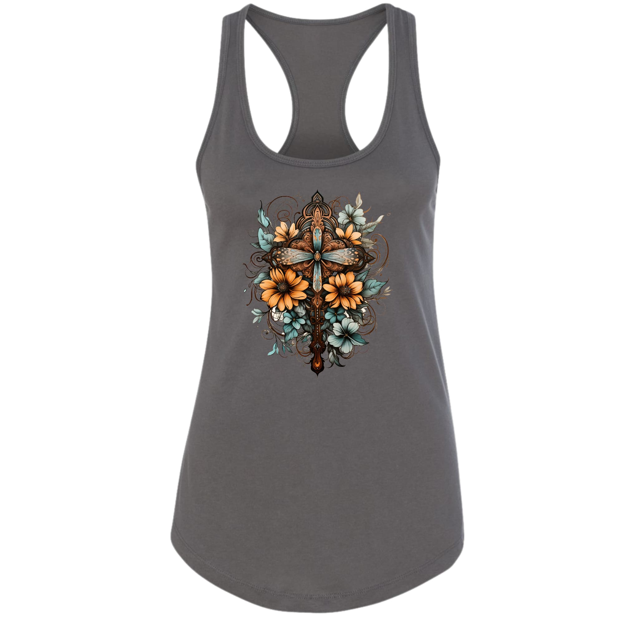 Womens Fitness Tank Top Graphic T-shirt - Christian Cross Floral