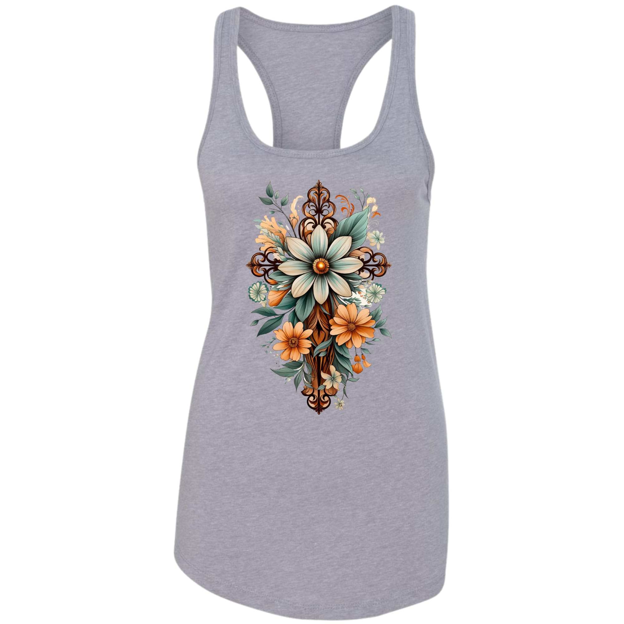 Womens Fitness Tank Top Graphic T-shirt - Christian Cross Floral