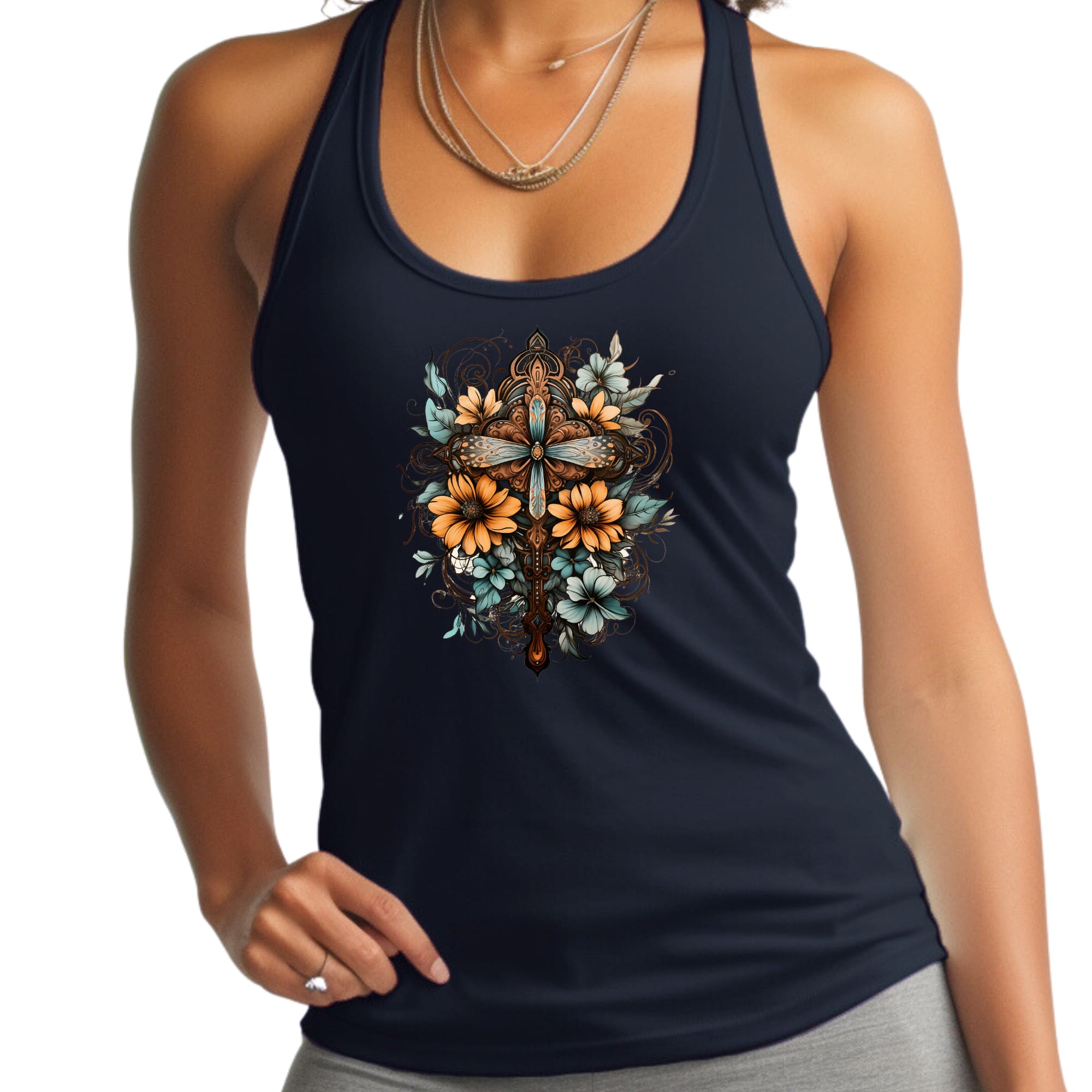Womens Fitness Tank Top Graphic T-shirt - Christian Cross Floral