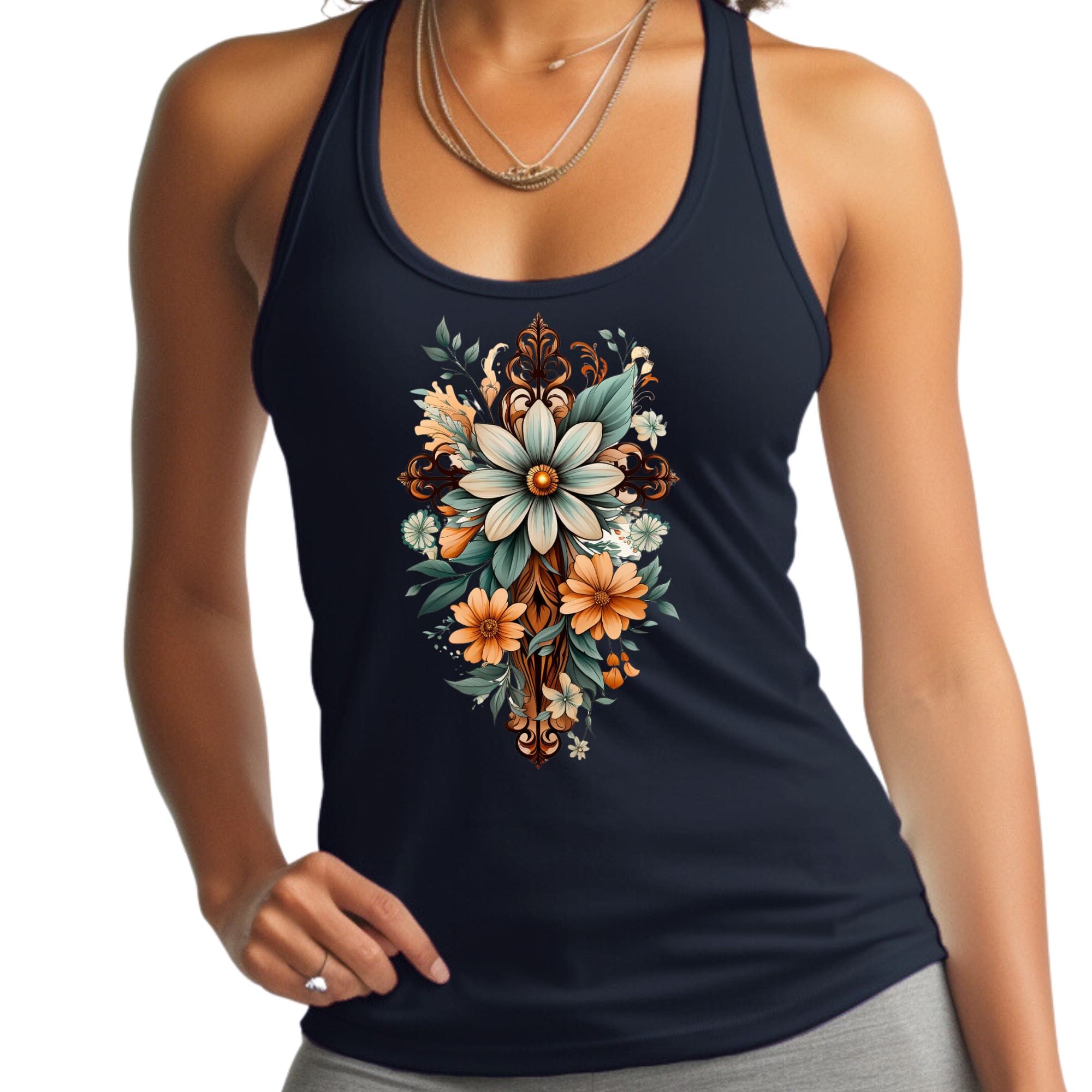 Womens Fitness Tank Top Graphic T-shirt - Christian Cross Floral
