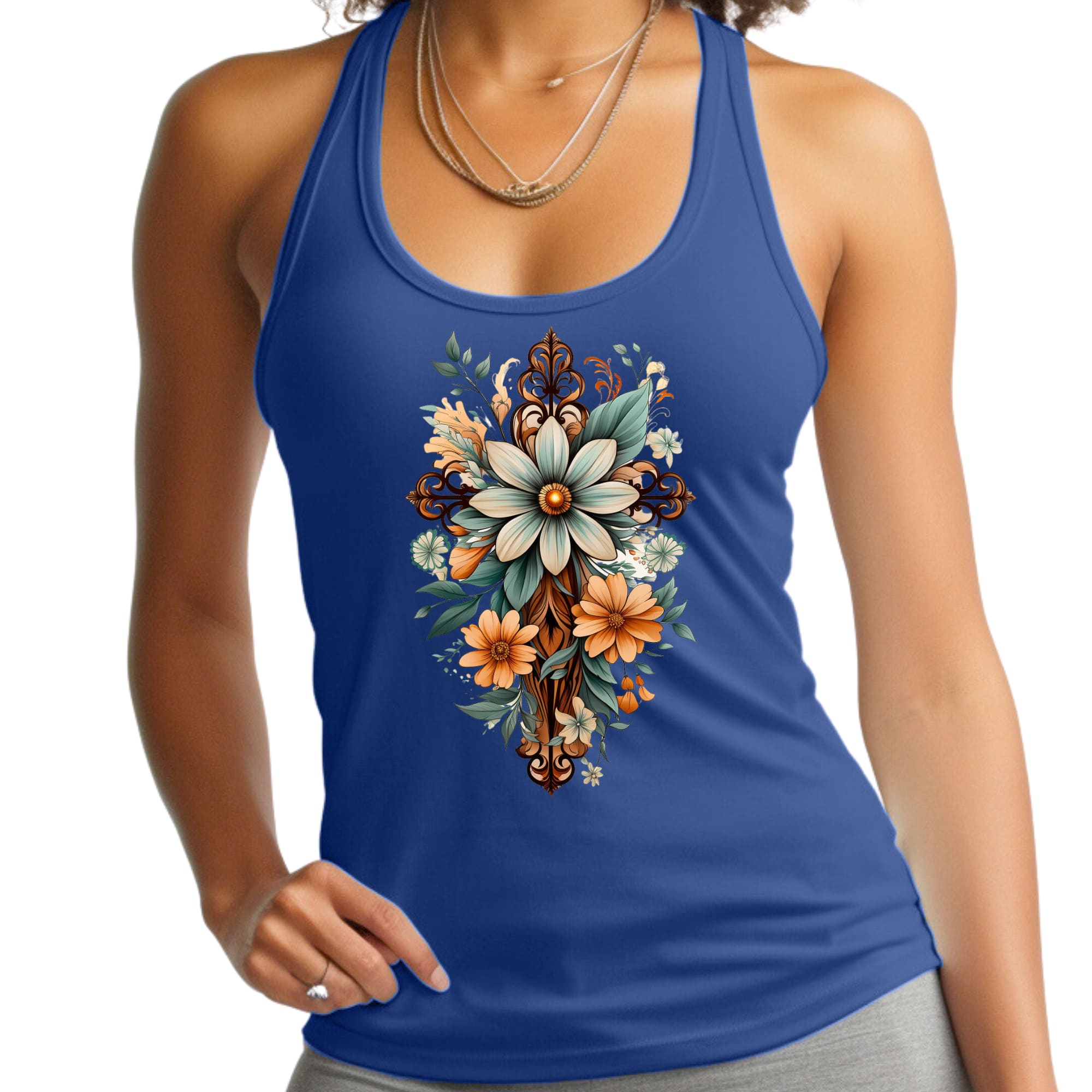 Womens Fitness Tank Top Graphic T-shirt - Christian Cross Floral