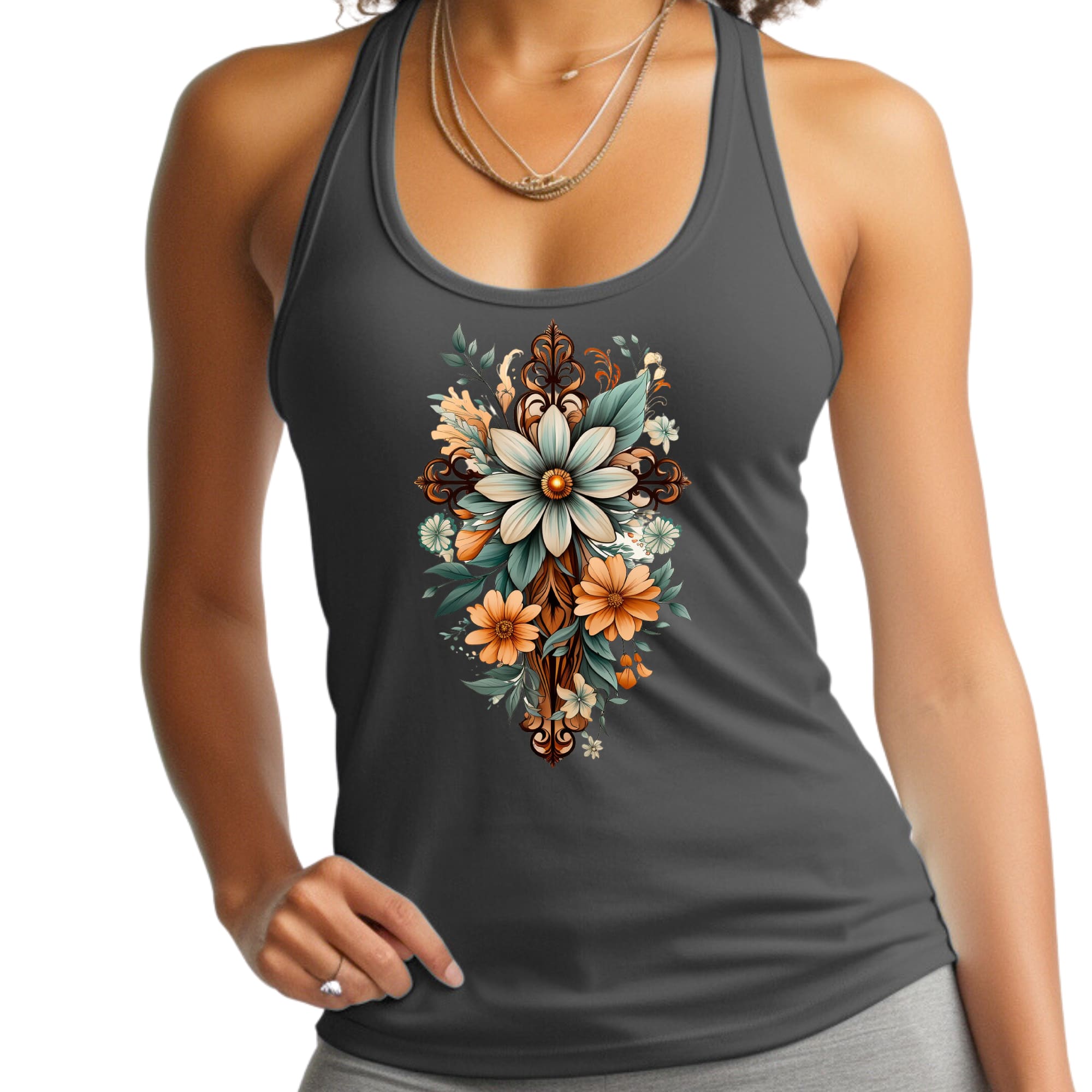 Womens Fitness Tank Top Graphic T-shirt - Christian Cross Floral
