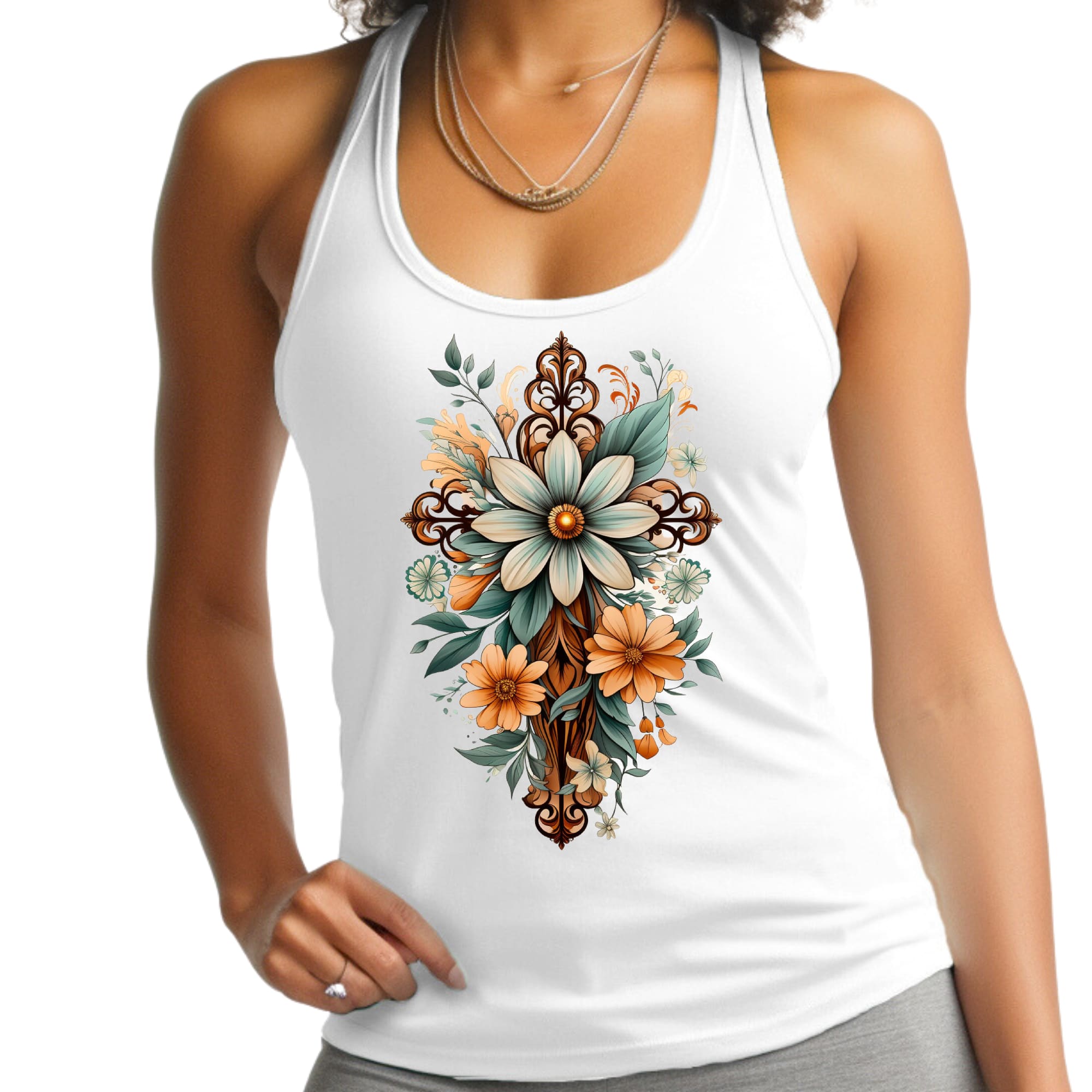 Womens Fitness Tank Top Graphic T-shirt - Christian Cross Floral