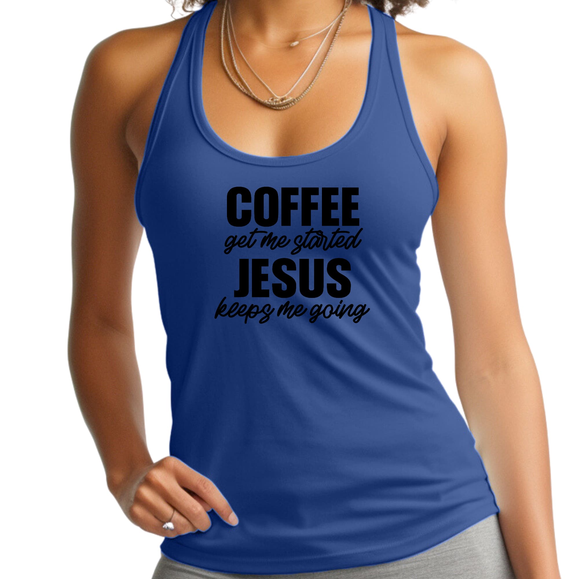 Womens Fitness Tank Top Graphic T-shirt - Coffee Get me Started - Jesus