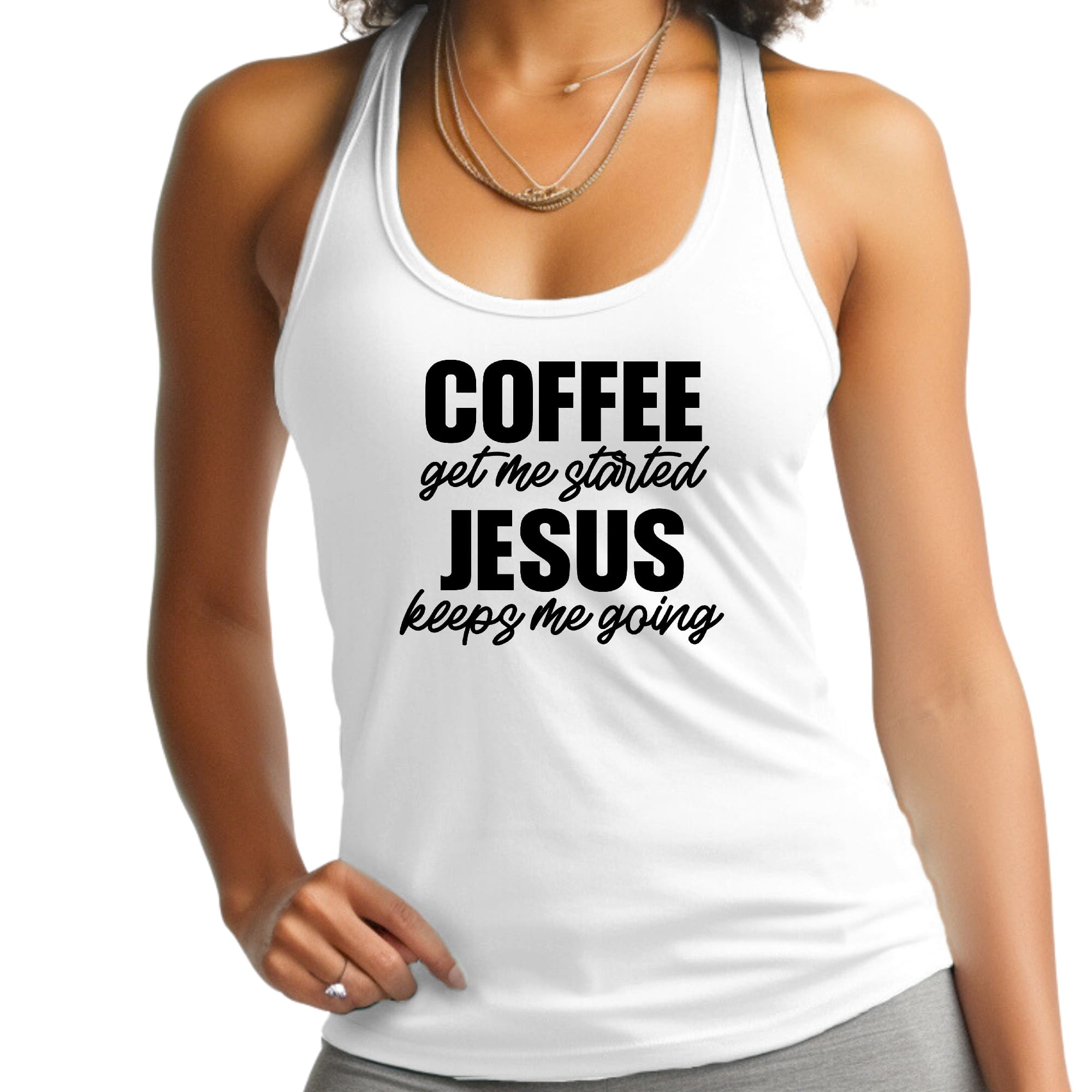 Womens Fitness Tank Top Graphic T-shirt - Coffee Get me Started - Jesus