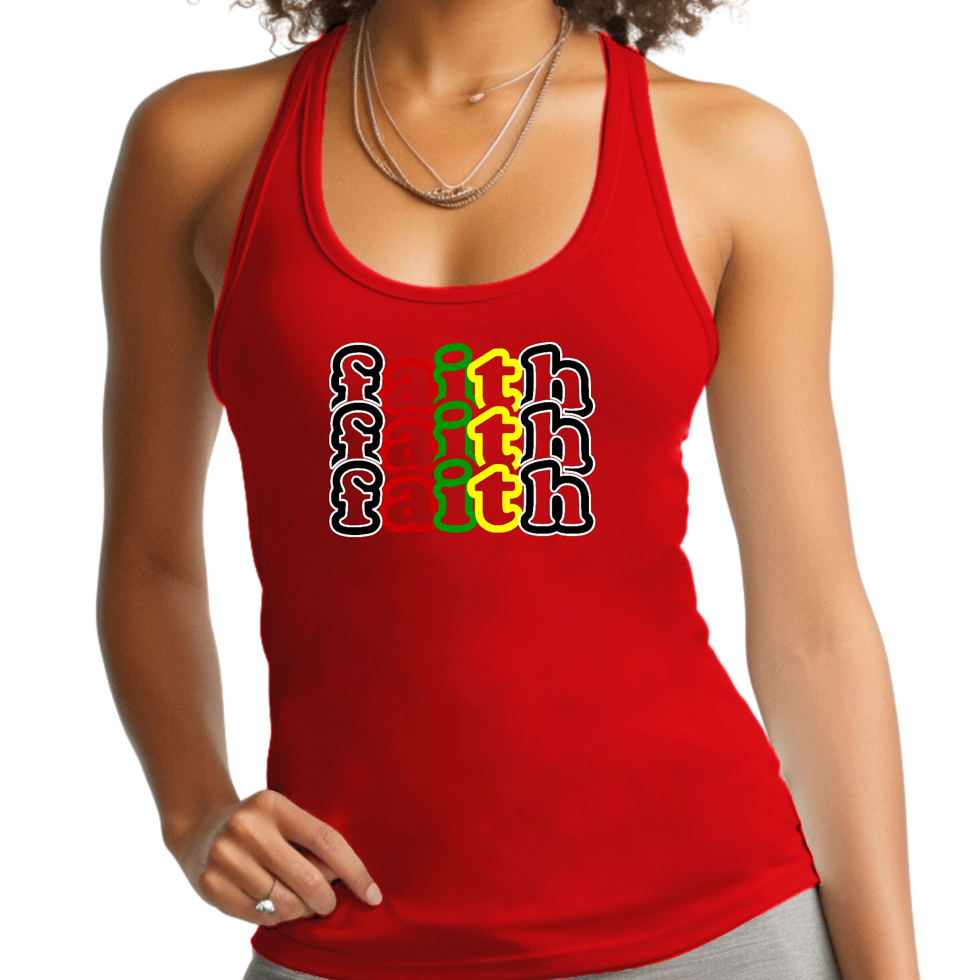 Womens Fitness Tank Top Graphic T-shirt - Faith Stack Multicolor Black