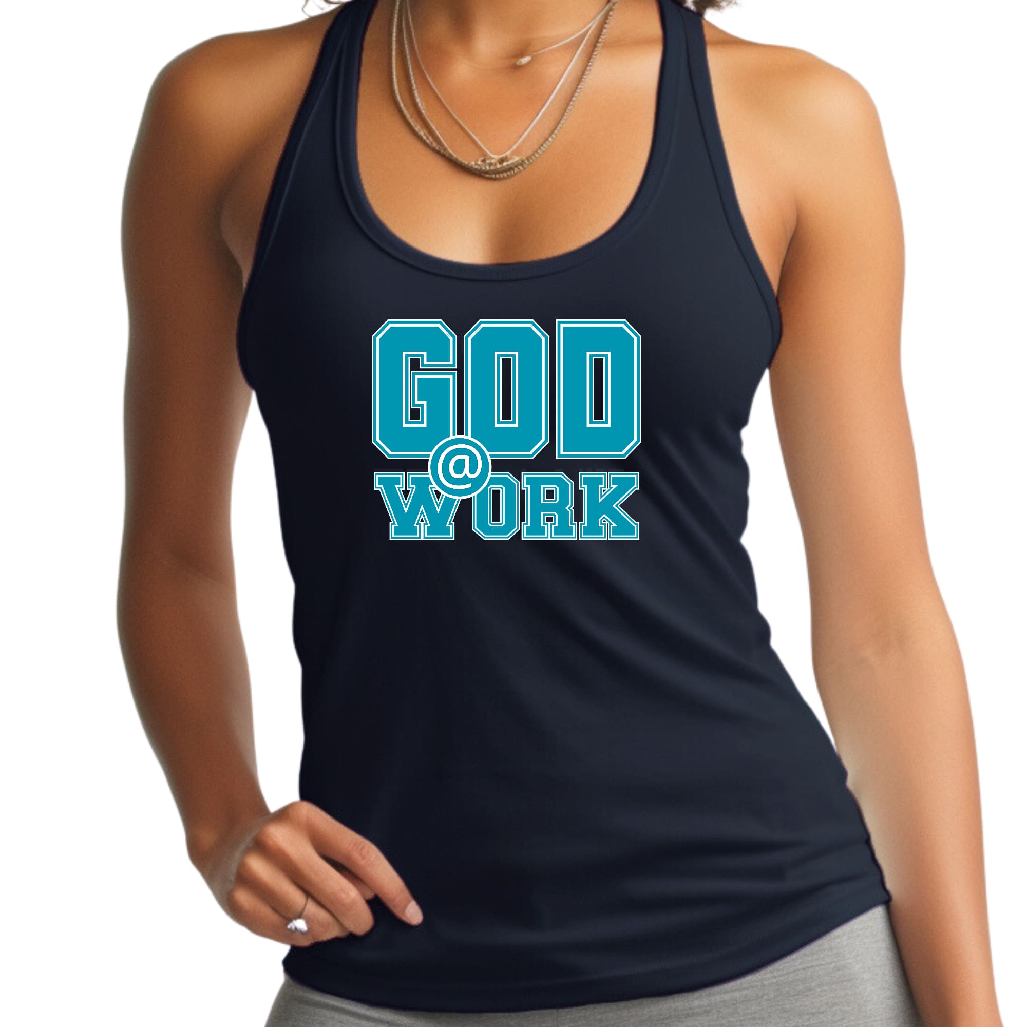 Womens Fitness Tank Top Graphic T-shirt - God @ Work Blue Green