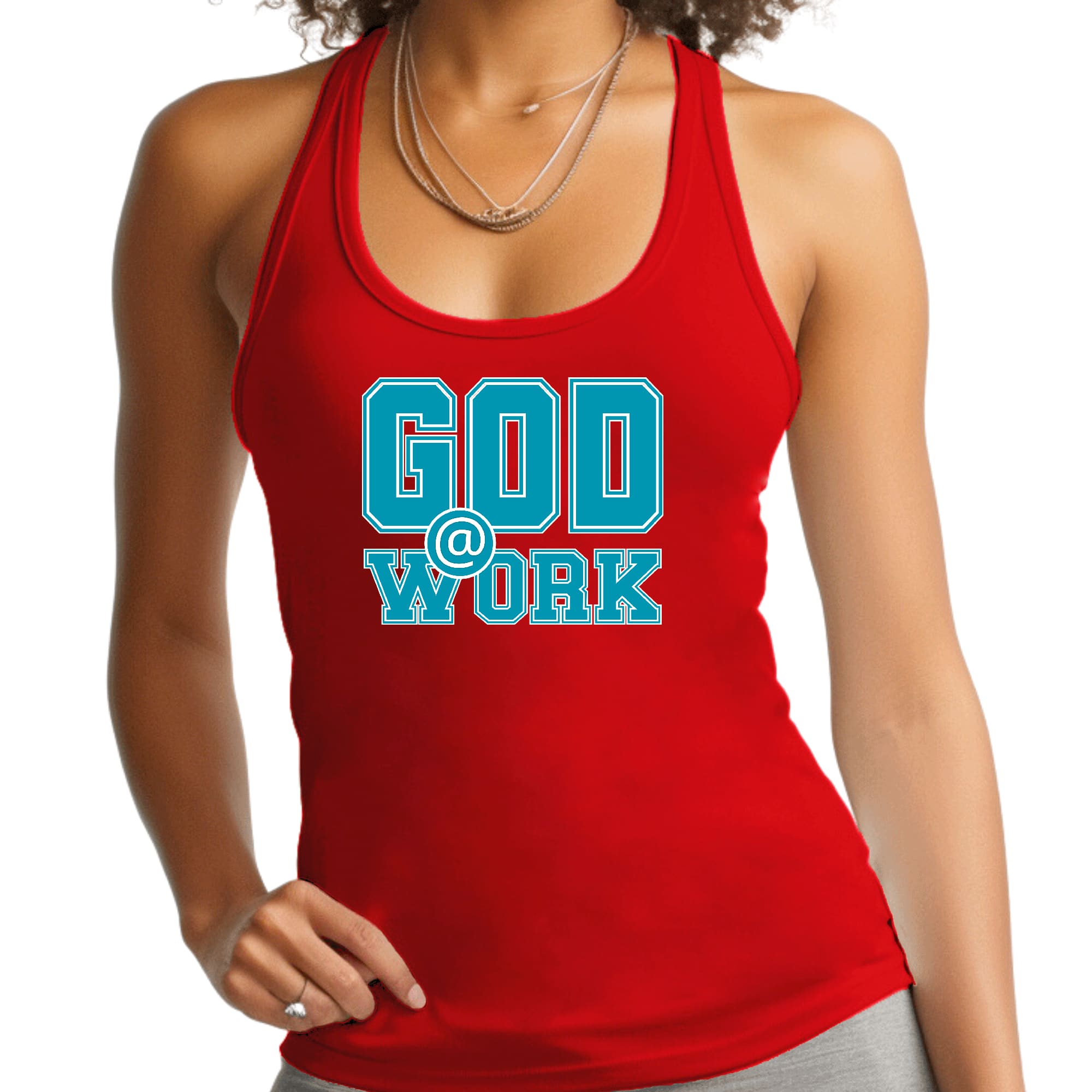 Womens Fitness Tank Top Graphic T-shirt - God @ Work Blue Green