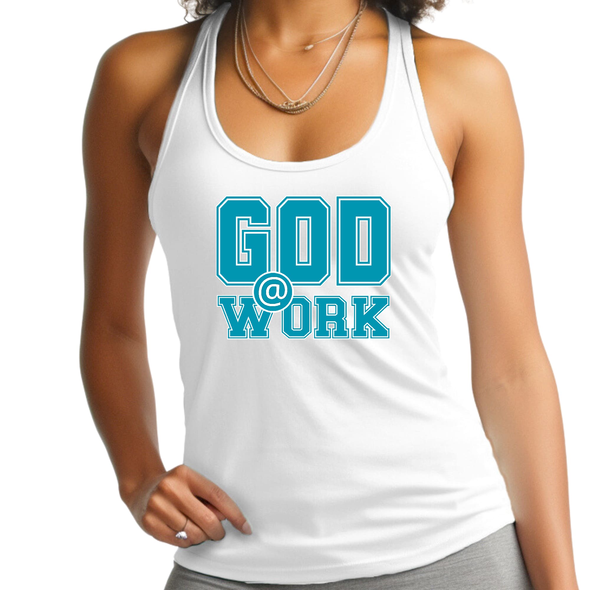 Womens Fitness Tank Top Graphic T-shirt - God @ Work Blue Green