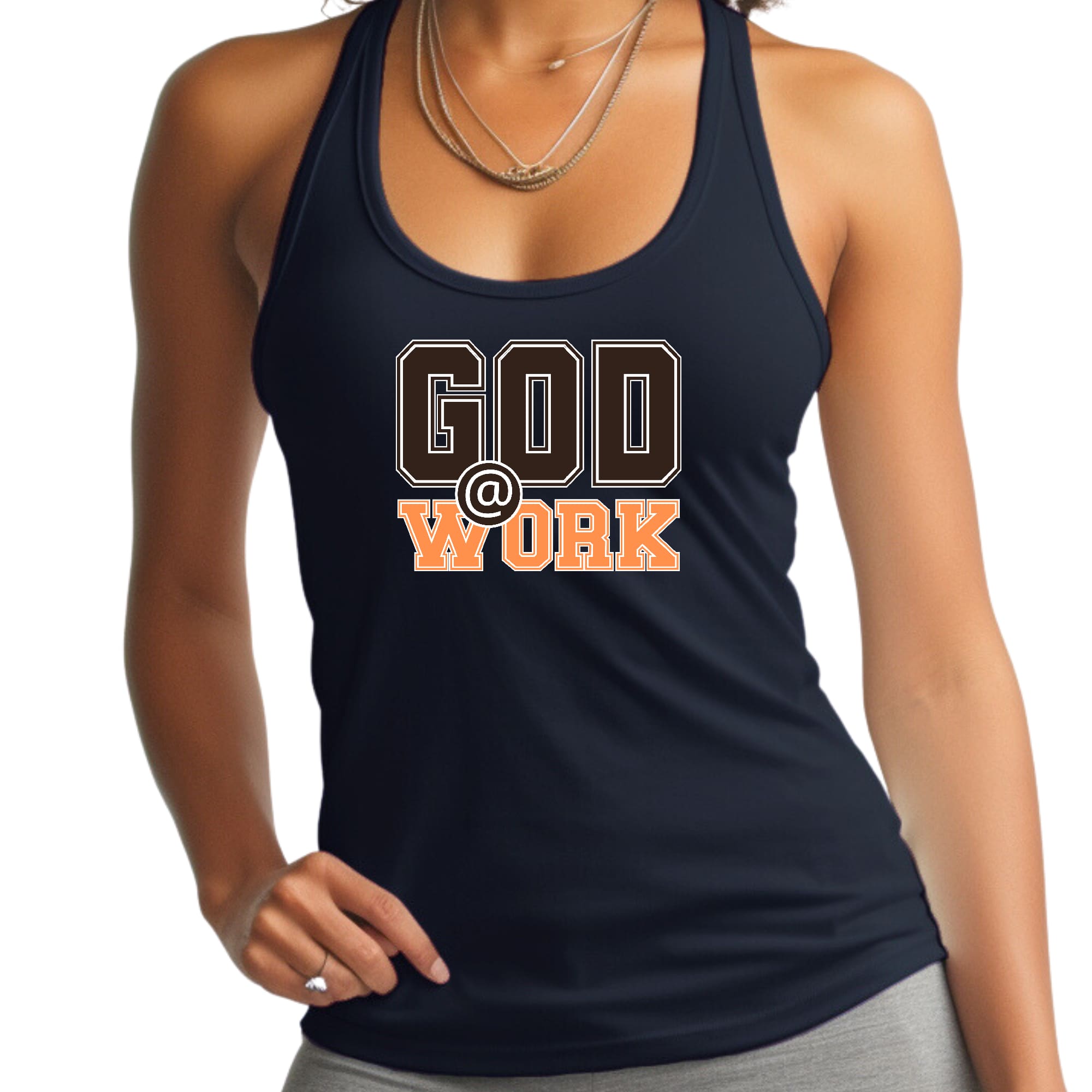 Womens Fitness Tank Top Graphic T-shirt - God @ Work Brown and Orange