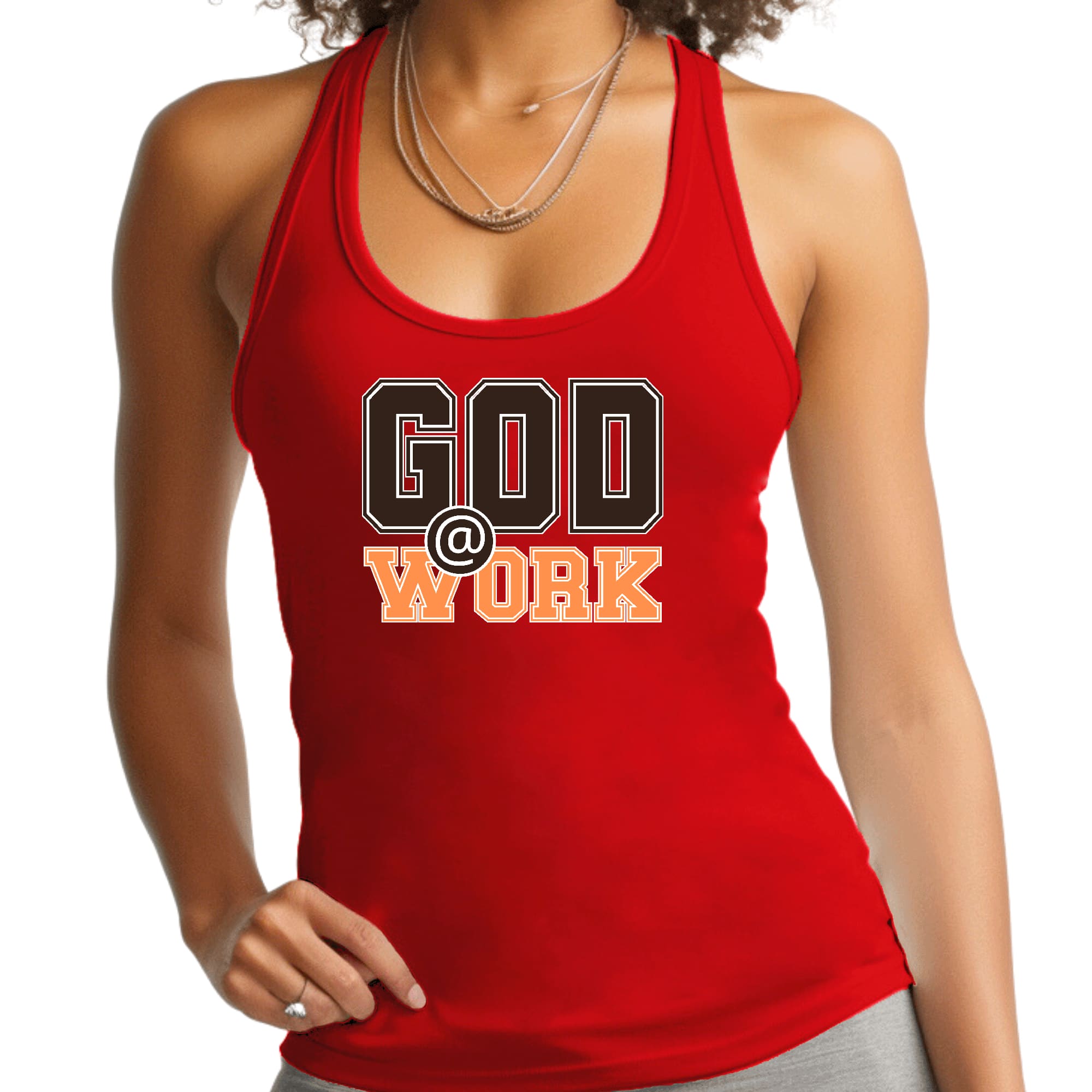 Womens Fitness Tank Top Graphic T-shirt - God @ Work Brown and Orange