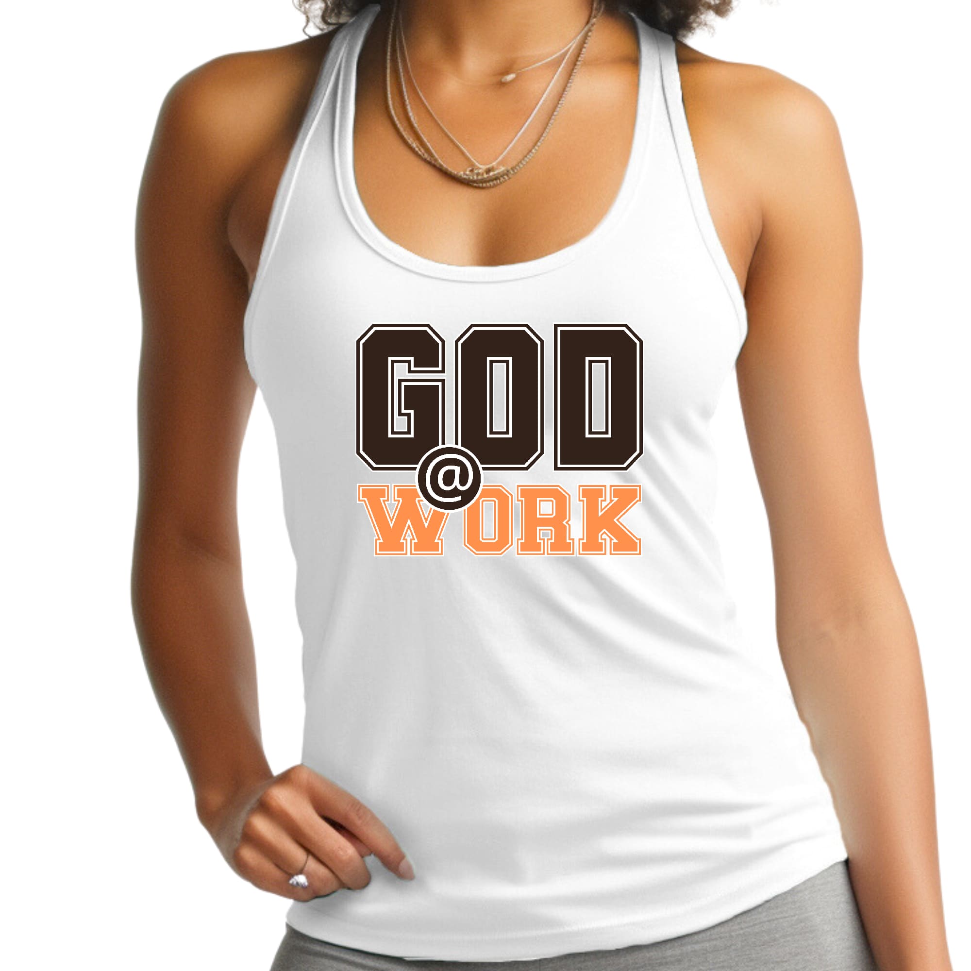 Womens Fitness Tank Top Graphic T-shirt - God @ Work Brown and Orange