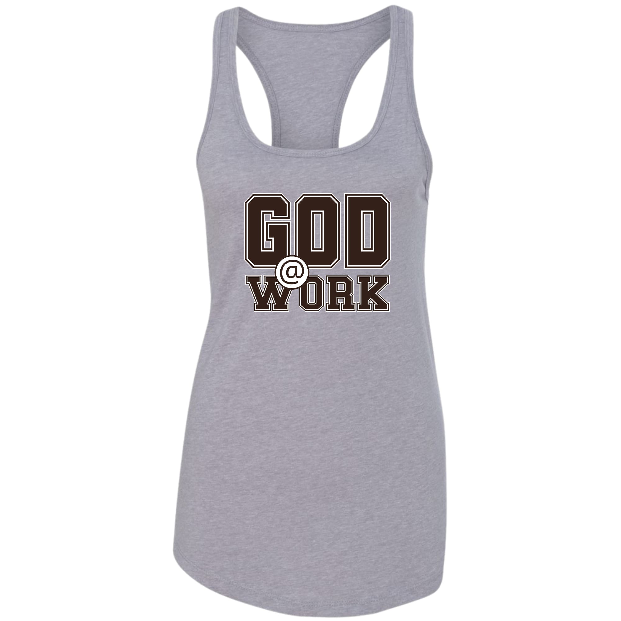 Womens Fitness Tank Top Graphic T-shirt - God @ Work Brown and White