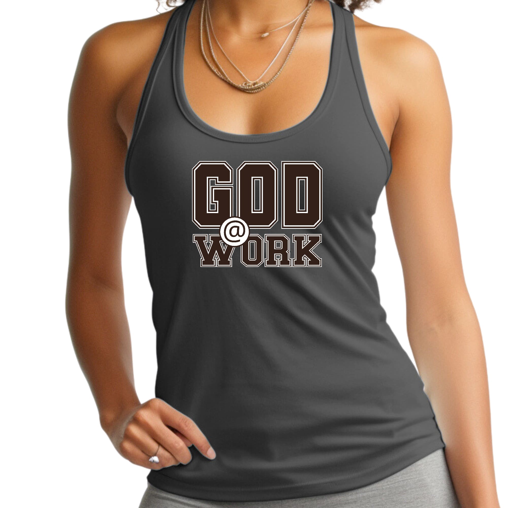 Womens Fitness Tank Top Graphic T-shirt - God @ Work Brown and White